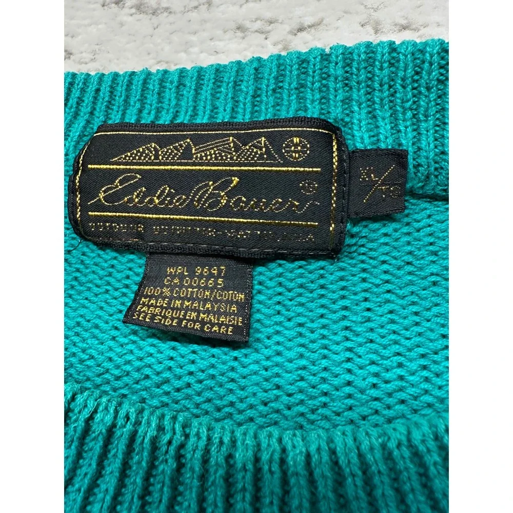 Eddie Bauer Sweater Mens XL Teal Striped VTG 90s Cotton Knit Crewneck Fisherman